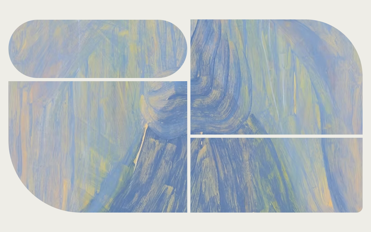 Abstract art piece with blue and yellow brush strokes on a white background